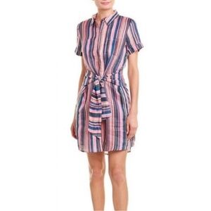 Ecru Striped Button-Up Shirt Dress Tie Waist Linen Size 2